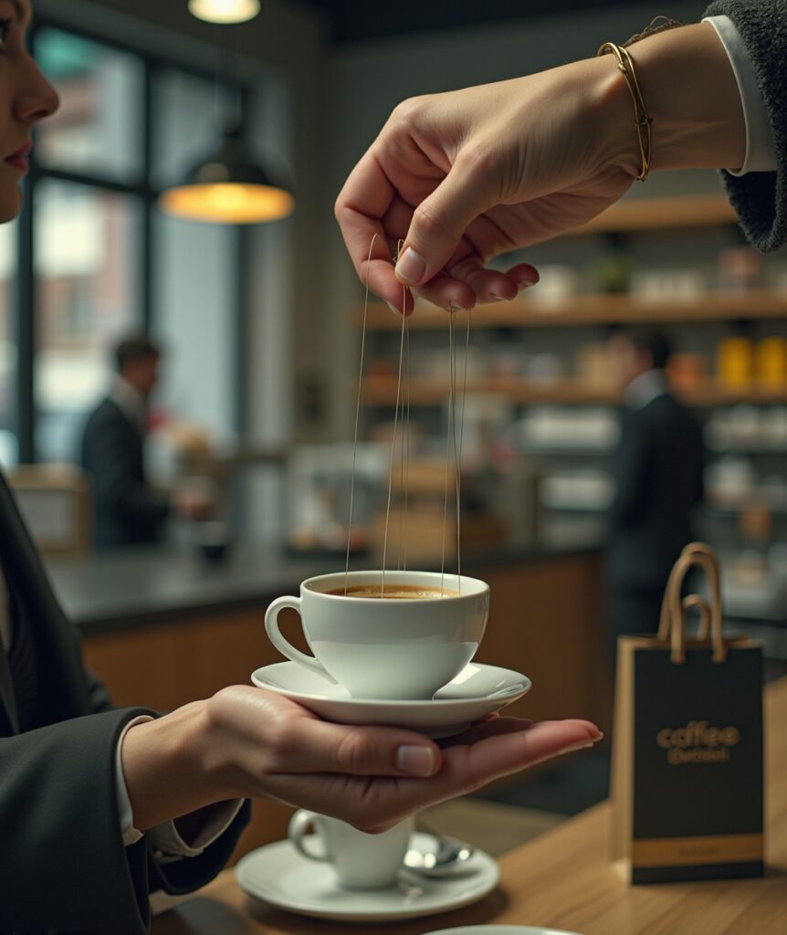 A person's hand in a coffee shop with marionette strings attached to their fingers. The strings are controlled by shadowy figures, symbolizing unconscious financial values influencing daily spending decisions on things like coffee and luxury goods. Keywords: • Financial values • Financial decisions • Money mindset • Behavioral finance • Psychology of money • Financial freedom • Money habits • Unconscious spending • Financial literacy • Personal finance