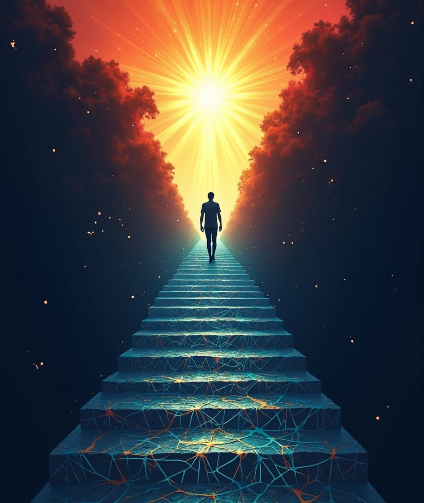 Silhouette of person climbing an illuminated path from a dense network to an open, bright landscape, symbolizing career empowerment and growth from challenges." Keywords (Image): career journey, professional growth, empowerment path, overcoming challenges, personal development, illuminated future, success metaphor, transformation