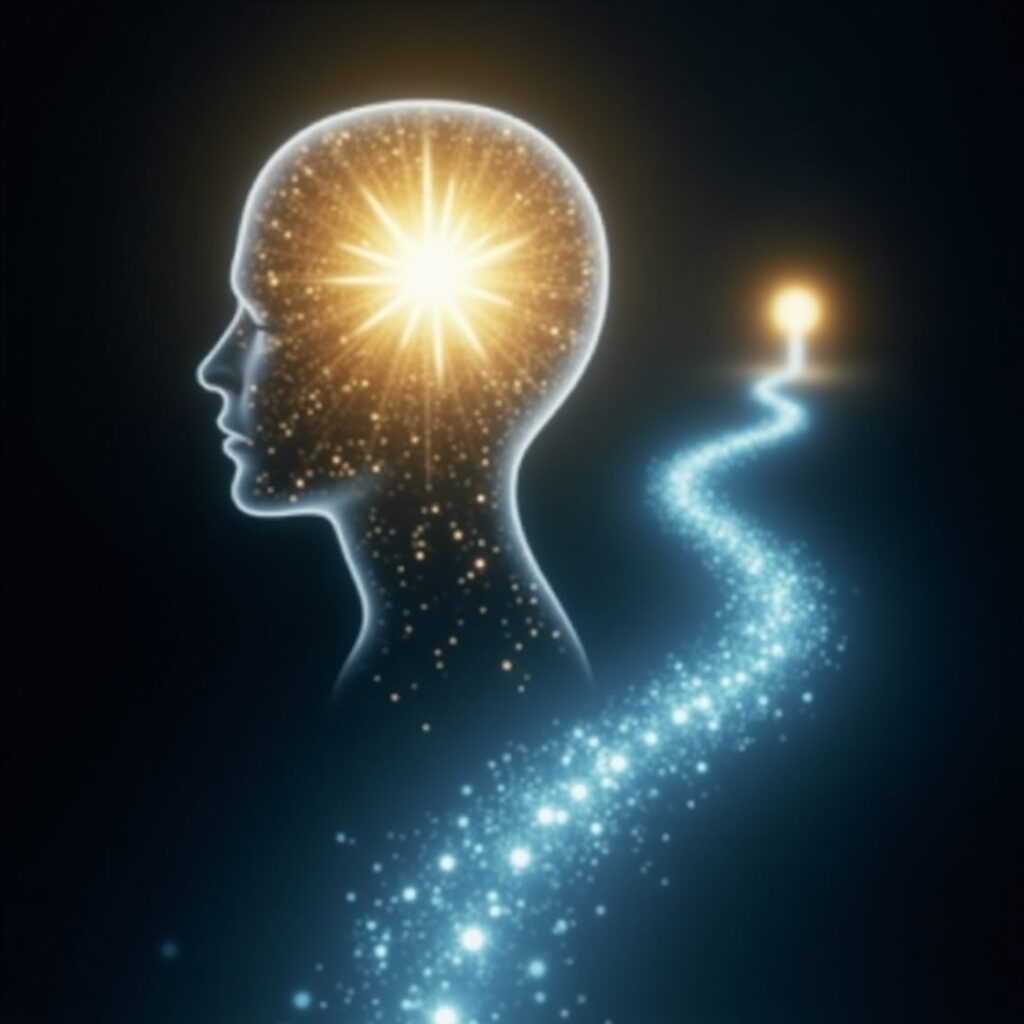 A glowing, ethereal pathway emerging from a single bright light within a stylized human head, extending towards a distant, shimmering goal, symbolizing the conscious journey from internal mission to external action. • Keywords: consciousness, mission, message, purpose, intention, action, manifestation, mind power, neuroplasticity, self-realization, inner wisdom, transformation, goal setting.