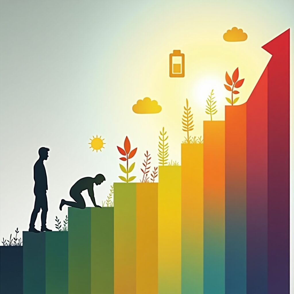 A confident person standing on an ascending energy graph line, with symbols of vitality like a charged battery and a sun, depicting the journey from exhaustion to mastering energy for optimal living." • Keywords: Energy management, self-economy, productivity, burnout prevention, optimal living, high performance, sustainable achievement, well-being, personal growth, vitality, energy blueprint, time vs. energy.