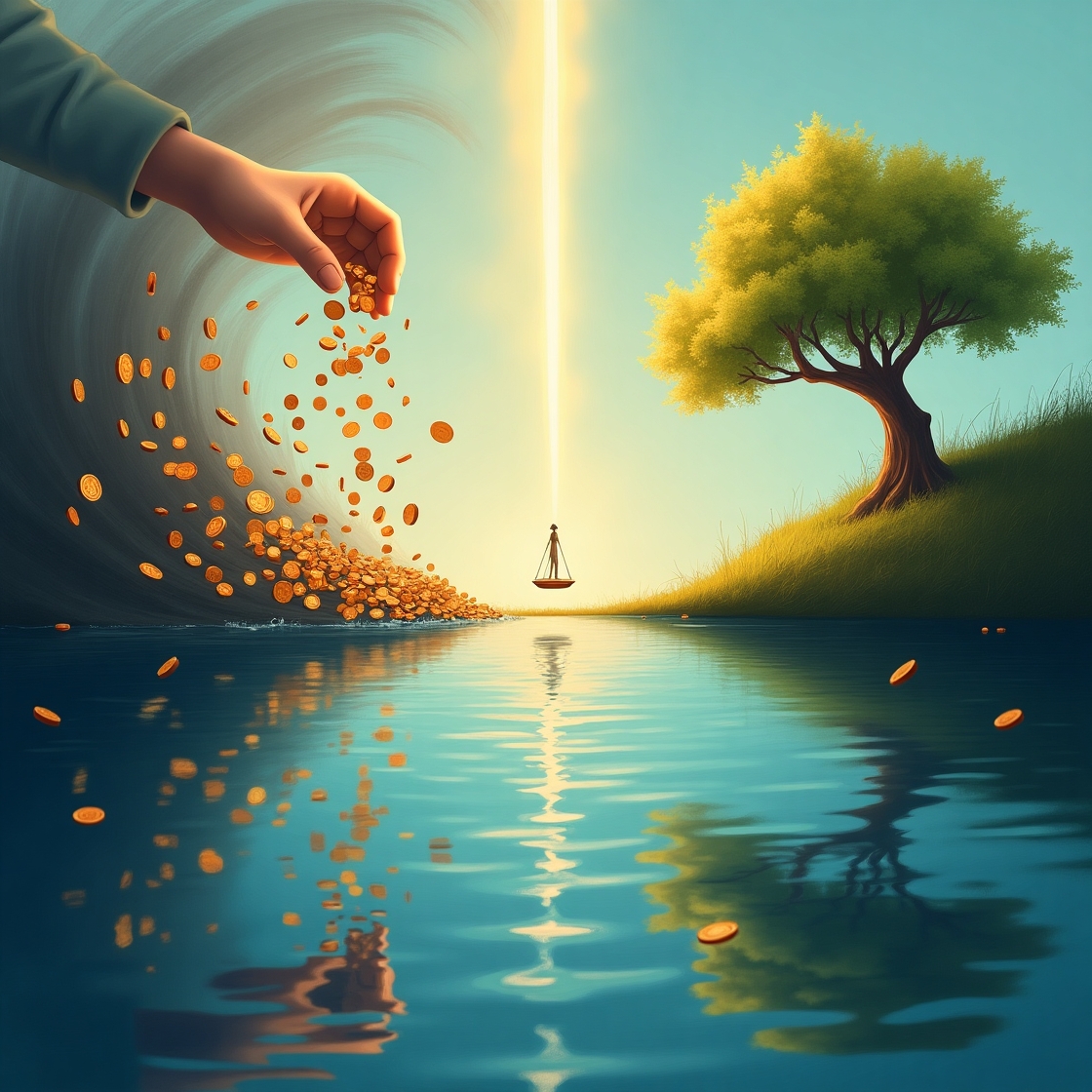 Abstract illustration of financial balance. On the left, coins fall into a dark vortex, symbolizing unchecked spending. On the right, glowing energy flows into a vibrant landscape, symbolizing purposeful giving and true abundance. A central light beam connects and balances the two." • Keywords: Financial energy, true wealth, spending vs giving, abundance mindset, scarcity mindset, conscious finance, altruism, giver's high, financial freedom, money psychology, behavioral economics, ethical consumption, financial legacy, well-being, personal finance, anti-materialism, spiritual wealth, financial balance.