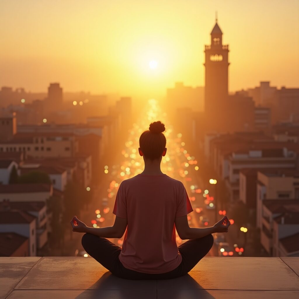 A lone figure in a meditative pose on a rooftop overlooking a vibrant, bustling city at dawn, with a golden glow emanating from the figure, symbolizing peace amidst chaos. • Keywords: Monday mindfulness, morning meditation, calm start, urban peace, stress reduction, mind-body transformation, new week, well-being, Moroccan sunrise, city life.
