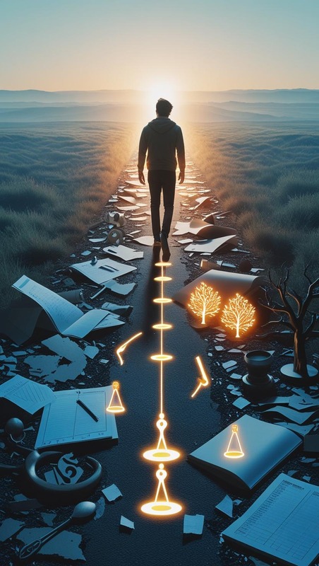 A person stepping from a faded path of past failures onto a bright, clear path, transforming into a more vibrant silhouette with symbols of positive identity, representing the shift from goal habits to identity habits." Keywords (Image): lasting change, habit transformation, personal growth, self-improvement, identity shift, mindset change, new habits, sustainable habits, overcoming procrastination.