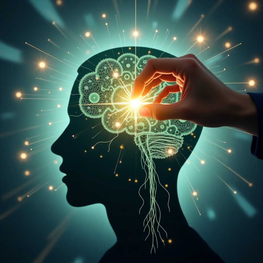 A glowing, interconnected network representing a flexible brain at the center of a chaotic, blurred background, symbolizing advanced thinking skills for navigating a volatile, uncertain, complex, and ambiguous (VUCA) world." • Keywords: Thinking skills, VUCA world, cognitive agility, professional development, strategic thinking, critical thinking, problem-solving, leadership skills, innovation, future-proofing, adaptability, professional relevance.
