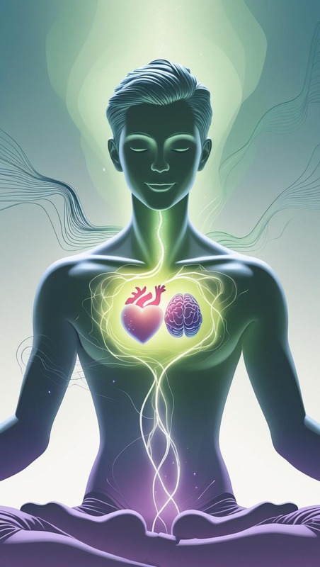 Stylized figure in a peaceful pose, with harmonious light waves connecting heart and brain, and chaotic lines of stress calming around them, symbolizing cardio-nervous balance and inner calm." Keywords (Image): inner calm, stress relief, nervous system balance, mind-body harmony, meditation, mental well-being, heart health, holistic health, anxiety relief.