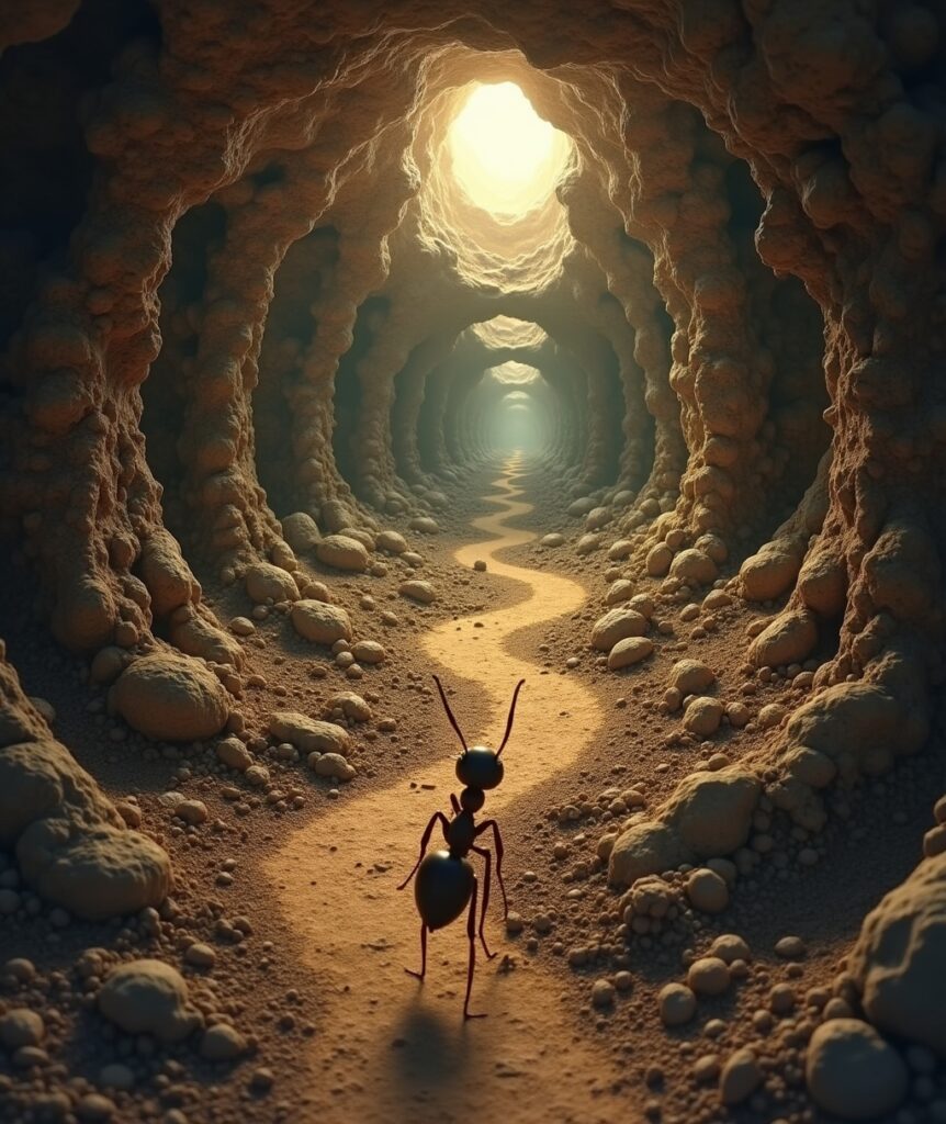 A wide shot of an intricate ant colony network underground, with some tunnels clearly leading to successful food sources and others appearing to be dead ends or collapsed. A single ant stands at a crossroads, hesitant, looking down one path. • Keyword: Ant colony decisions, path of least resistance, exploring risk, unseen challenges.