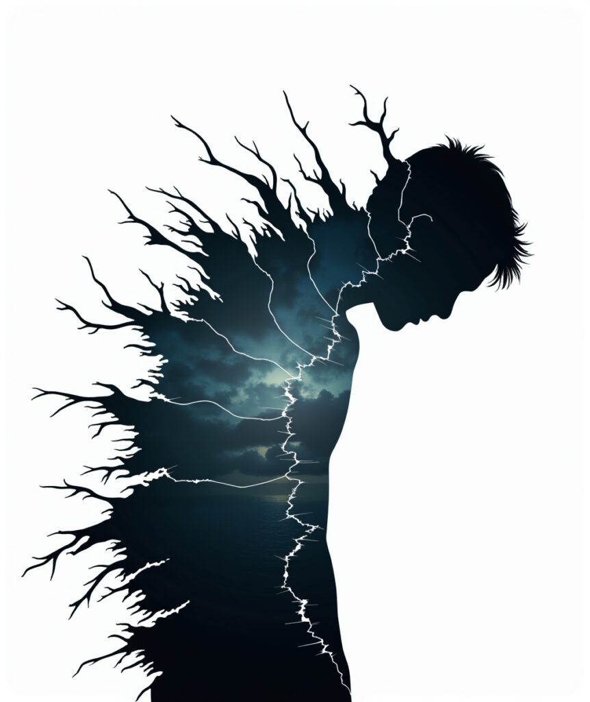 A person's silhouette with hunched shoulders, made of jagged, fractured lines. Inside the fragmented shape, a dark, stormy pattern is visible, symbolizing internal trauma physically distorting the body's posture. ________________________________________ Keywords: • The body keeps the score • Somatic therapy • Emotional trauma • Healing from within • Posture and trauma • Mind-body connection • Chronic pain • Trauma-informed care • Stress in the body • Psychological liberation • Emotional release