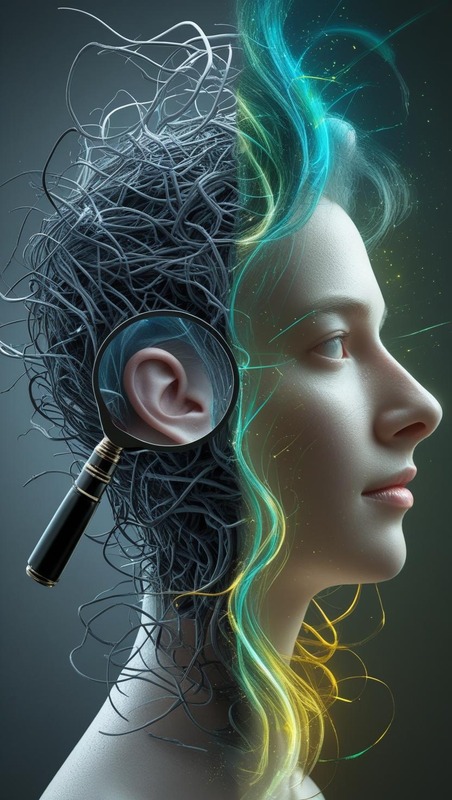 Split image showing a human head with chaotic lines (critic) on one side and harmonious lines (friend) on the other, symbolizing the dual nature of the inner voice. Keywords: Inner Voice, Self-Talk, Inner Critic, Self-Compassion, Mindfulness, Cognitive Behavioral Therapy, Mental Health, Positive Psychology, Self-Improvement, Emotional Intelligence.