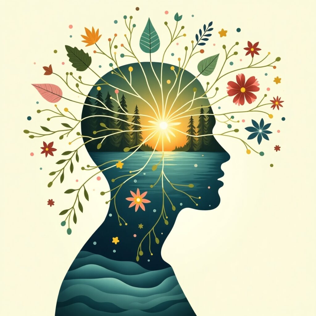 A human silhouette radiating vibrant energy lines from their senses, connecting to elements like a forest, ocean, and flowers, symbolizing the use of senses for holistic health and well-being." • Keywords: Sensory health, holistic healing, unshakeable health, mindful living, sensory wellness, neurobiology, stress reduction, natural healing, senses, physical health, mental health, emotional well-being.
