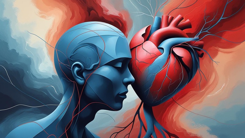 Abstract figures representing mind and heart intertwining, separating, and reconnecting, set against a fluctuating background of stormy and calm colors, symbolizing fluctuating relationships." Keywords (Image): relationship dynamics, emotional connection, push-pull relationship, love patterns, mind vs heart, couples counseling, relationship struggles, intimacy issues.