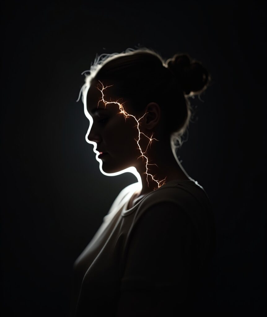 A human silhouette appearing to vibrate and crack under internal pressure, with subtle, glowing light emanating from fissures within, symbolizing the hidden emotional burdens and traumas stored in the body seeking release. Keywords: • Body memory • Emotional trauma • Somatic healing • Psychological liberation • Mind-body connection • Trauma recovery • Chronic pain causes • Stress in the body • Unresolved emotions • Healing from within • Embodied trauma • Nervous system regulation