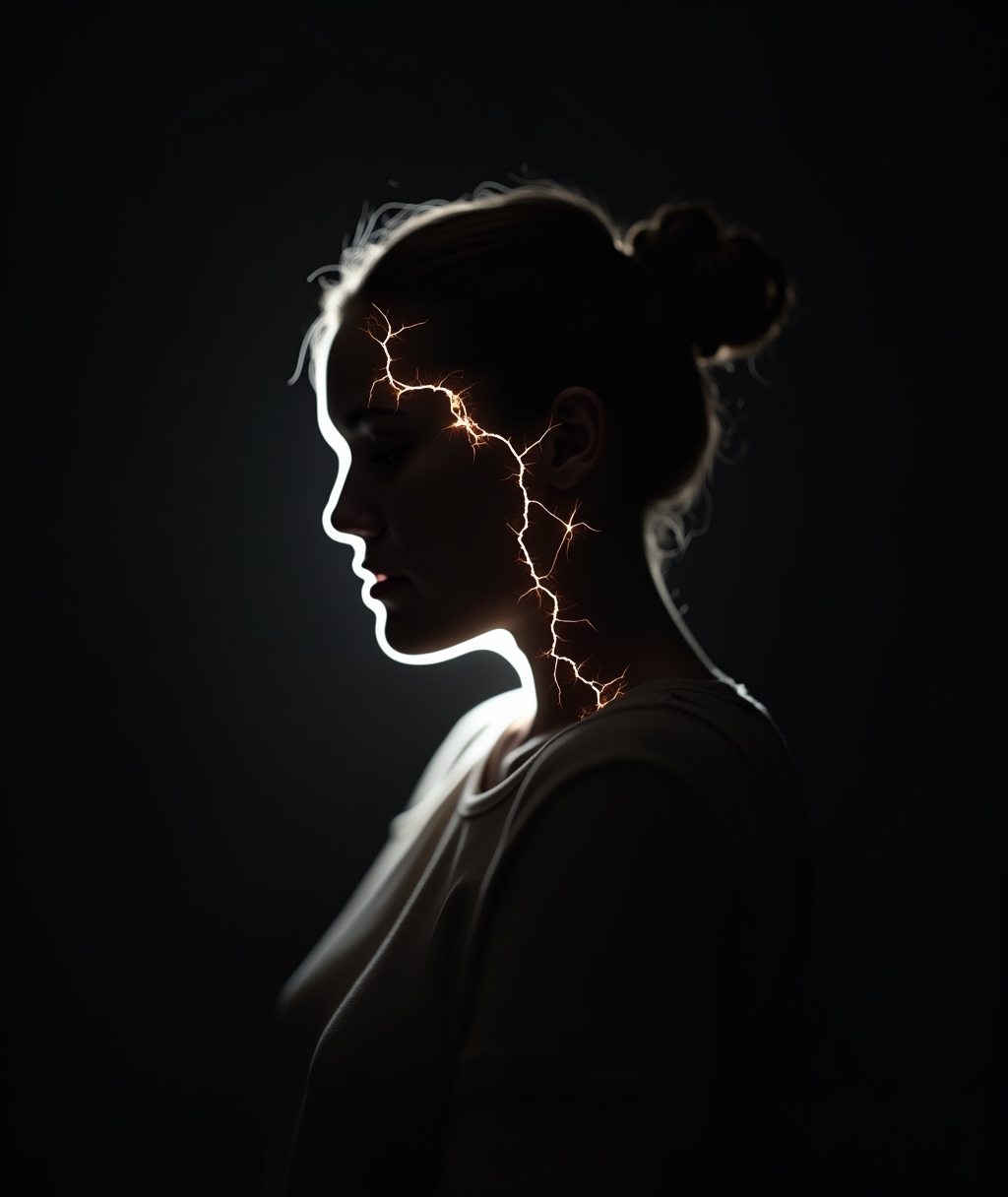 A human silhouette appearing to vibrate and crack under internal pressure, with subtle, glowing light emanating from fissures within, symbolizing the hidden emotional burdens and traumas stored in the body seeking release. Keywords: • Body memory • Emotional trauma • Somatic healing • Psychological liberation • Mind-body connection • Trauma recovery • Chronic pain causes • Stress in the body • Unresolved emotions • Healing from within • Embodied trauma • Nervous system regulation