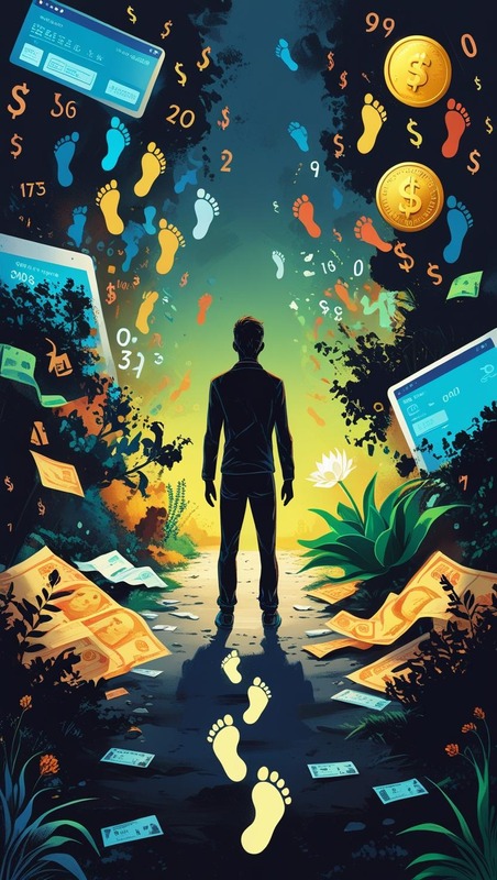 Stylized silhouette at a crossroads, with chaotic financial footprints behind and a clear path to wealth ahead, symbolizing financial clarity and future growth." Keywords (Image): financial literacy, money habits, wealth journey, financial health, budgeting, debt awareness, investment path, money management, personal finance insights.