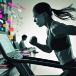 A person running exhaustedly on a treadmill amidst digital clutter and a blur of tasks, while another person sits calmly focused on a single item in the background, illustrating the illusion of busyness versus true focus. • Keywords: Busyness, overwork, shallow work, productivity myth, digital distraction, multitasking, burnout, ineffective work, time management, focus.