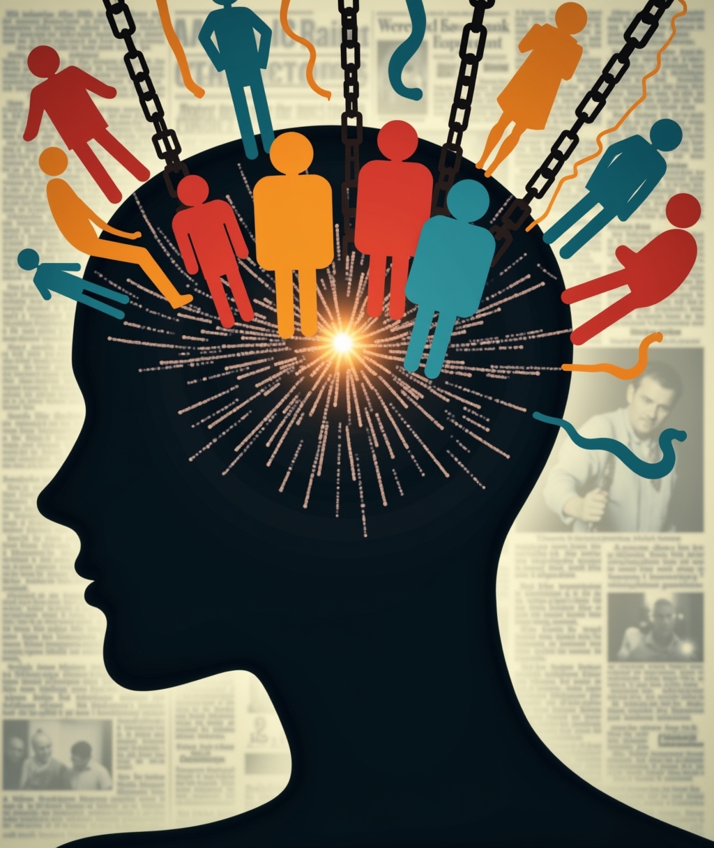 A silhouette of a human head with multiple colored chains pulling it in different directions, symbolizing group biases. One chain is breaking, and a light glows from within the head, representing the liberation of mental neutrality. • Keywords: Group bias, mental neutrality, echo chamber, critical thinking, tribalism, cognitive bias, digital division, intellectual freedom, conformity, social media bias.