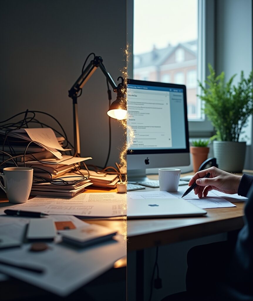 A split image showing a cluttered, disorganized desk on the left and a minimalist, organized desk with a plant and natural light on the right. A hand reaches confidently for an item on the organized side. • Keywords: Environmental design, ambition, productivity, success habits, mindset shift, declutter, organization, focus, personal growth, workspace, digital detox, neuroscience, habit formation.