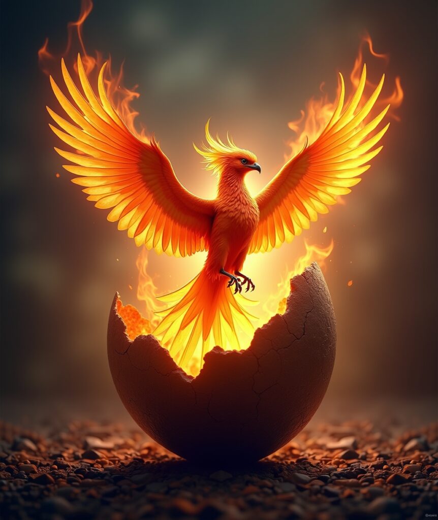 A vibrant phoenix with outstretched wings bursts out of a shattered, dark, egg-like shell, symbolizing the redefinition of failure as a catalyst for rebirth and soaring success. Keywords: • Redefine failure • Growth mindset • Overcome fear of failure • Personal growth • Resilience • Innovation • Learning from mistakes • Success psychology • Self-improvement • Limitless potential • Antifragile