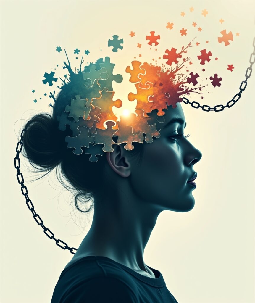 Abstract image of a human head as a puzzle, with pieces shifting to reveal light and an open landscape, symbolizing breaking free from mental assumptions and gaining clarity." Keywords (Image): cognitive freedom, breaking assumptions, mental clarity, open mind, paradigm shift, critical thinking, personal growth, self-awareness, liberation.