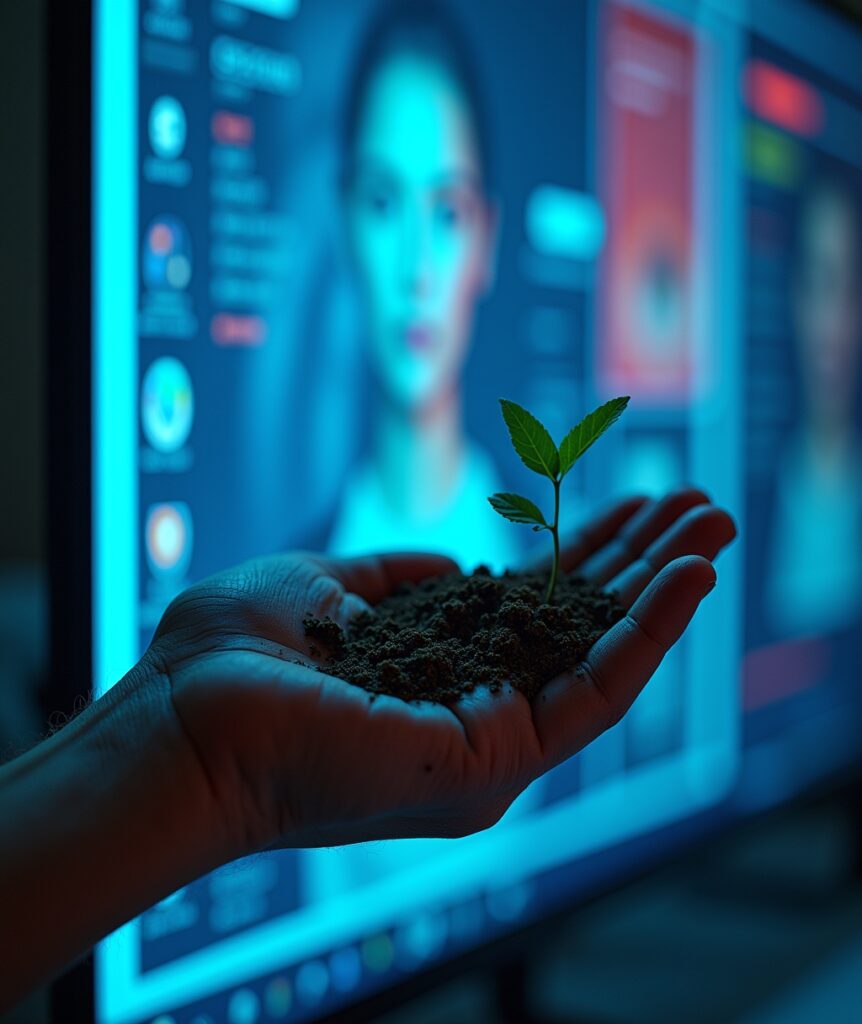 A human hand covered in soil pushes through a glowing digital screen displaying a filtered, artificial image, while a small green plant sprout emerges from the hand. • Keywords: Instinct, authenticity, digital detox, human nature, real vs fake, social media, screen time, nature connection, inner wisdom, gut feeling, mental health, modern life, toxic appearances, genuine living.