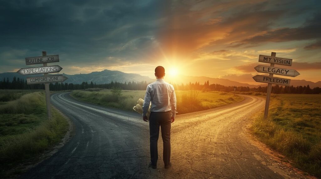 A person standing at a life crossroads, choosing between a path of comfort and one of personal purpose and creativity. KEYWORD > how to build your personal project > (Secondary: design your purpose, life project ideas, meaningful personal goals)
