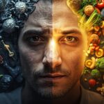 Split-face image of a person showing hormonal chaos vs. hormonal balance — with stress and junk food on one side, and calm with healthy habits on the other. KEYWORD > how to balance hormones naturally > (Secondary: manage your hormones yourself, hormone health, hormonal balance tips)