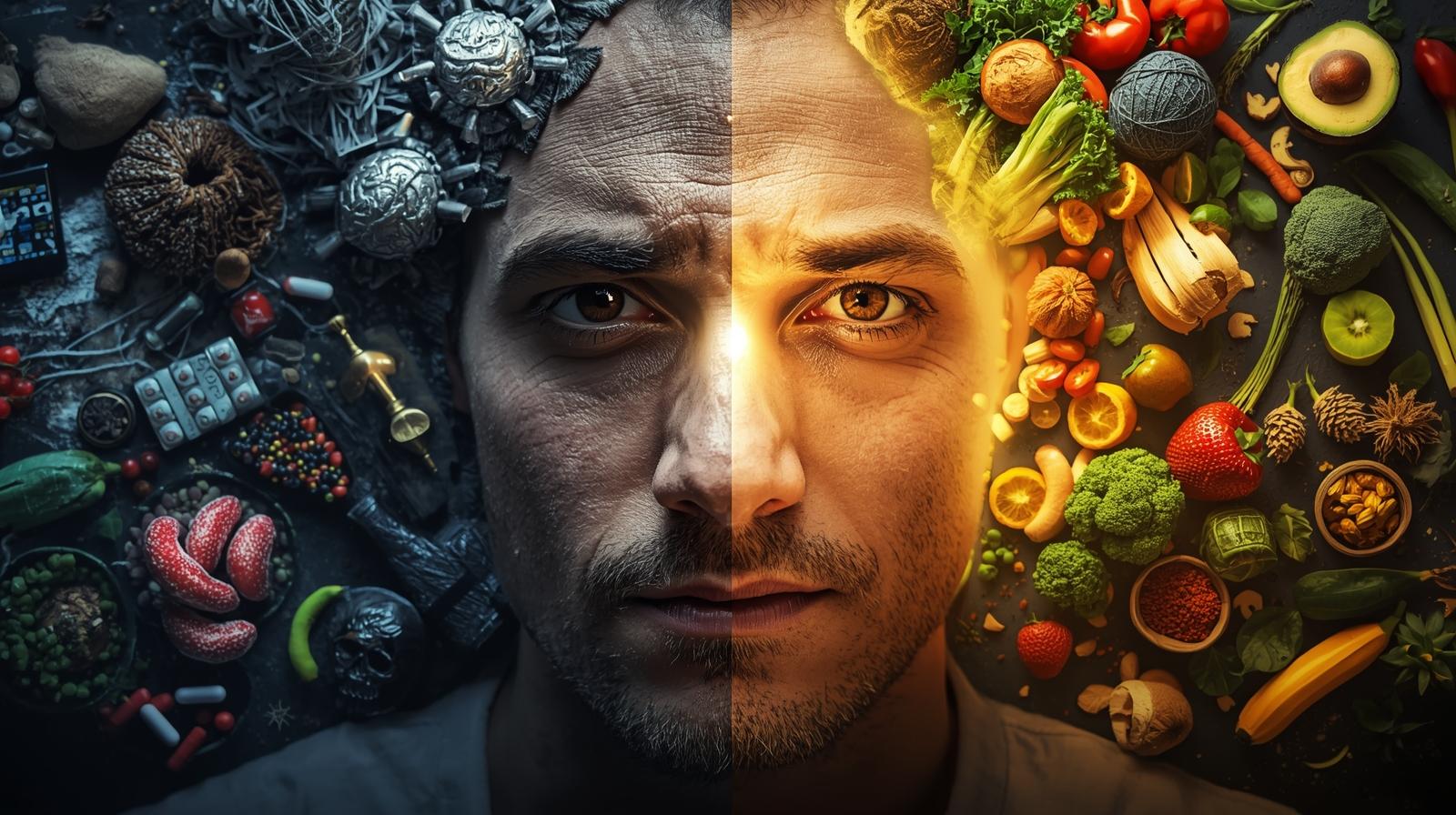 Split-face image of a person showing hormonal chaos vs. hormonal balance — with stress and junk food on one side, and calm with healthy habits on the other. KEYWORD > how to balance hormones naturally > (Secondary: manage your hormones yourself, hormone health, hormonal balance tips)