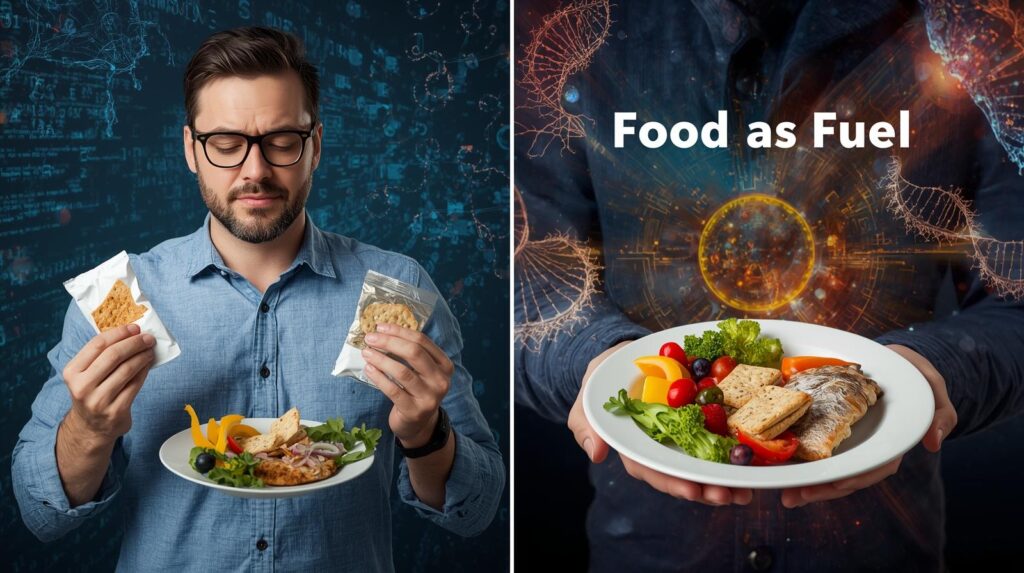 A powerful split image contrasting the old and new views of nutrition. On the left, a man looks overwhelmed by processed snacks and a bland meal, with "250 CALORIES" and data interfaces emphasizing the "food as fuel" approach. On the right, a smiling woman holds a plate of vibrant, whole foods (vegetables, fruit, fish), surrounded by scientific graphics representing DNA, the brain, and the gut microbiome, illustrating "food as information" and "food as data." Keywords: food as information, nutrition data, epigenetics, microbiome, gut-brain axis, hormonal response, personalized nutrition, healthy eating, food science, metabolic health, dietary choices, whole foods, anti-inflammatory diet, calorie counting myth.