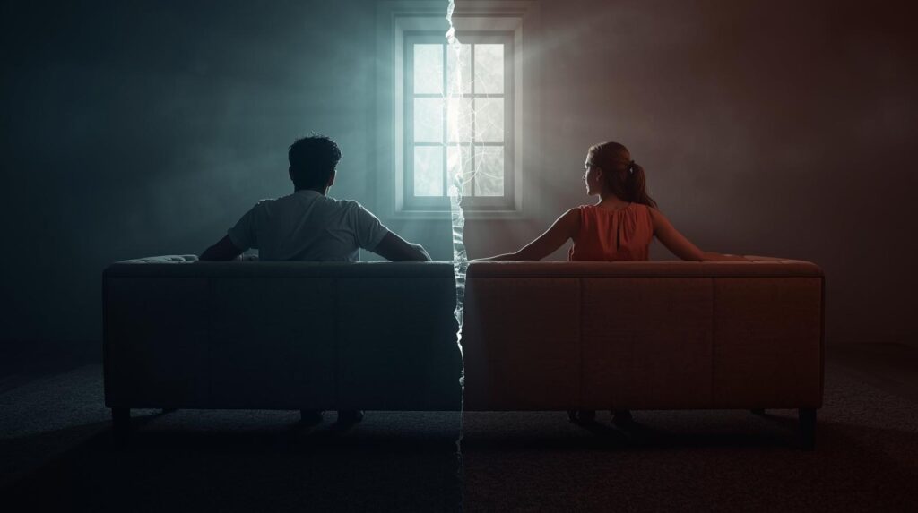 A young man and woman sit on opposite ends of a long couch, their backs to each other. A glowing, transparent wall with cracks runs down the center of the couch, separating them. The room is dimly lit, with soft light from a window in the distance. • Keywords: silence, communication, relationship, distance, isolation, conflict, voice, speaking, connection