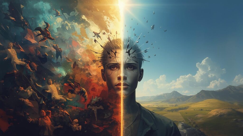 A symbolic image contrasting fragmented polytheism with unified monotheism. On the left, a person appears mentally fractured amidst chaotic, multiple deities. On the right, the person is serene and whole under a single, unifying light, symbolizing mental clarity and purpose from a monotheistic framework. Keywords: monotheism, psychology of religion, mental health, existential dread, psychological coherence, moral compass, spiritual well-being, unified self, neurobiology of belief, peace of mind, purpose in life, cognitive simplicity.