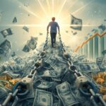 A person breaking free from chains made of money, stepping into light with wealth symbols like coins and growing plants around them. KEYWOR D financial beliefs to eliminate