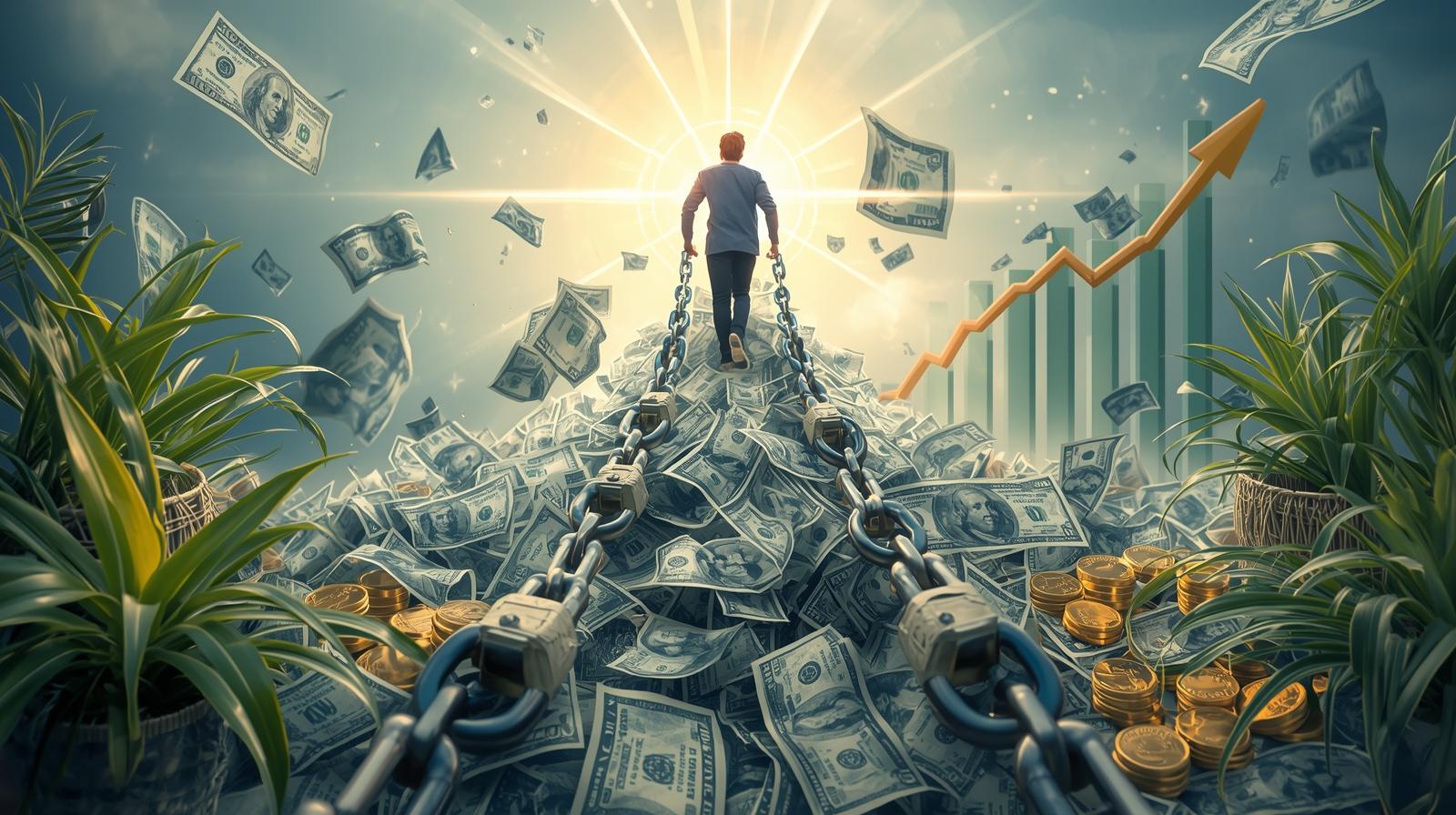 A person breaking free from chains made of money, stepping into light with wealth symbols like coins and growing plants around them. KEYWOR D financial beliefs to eliminate