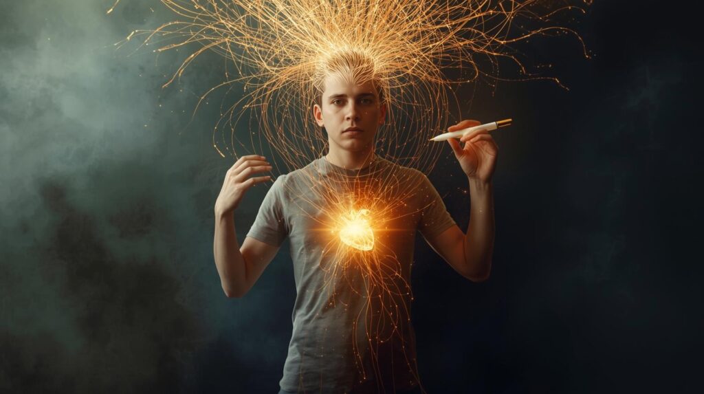 A symbolic image illustrating a person being controlled by glowing strings representing childhood assumptions connected to a shadowy past. The person is actively using a glowing tool to rewrite or cut these strings, transitioning into a brighter, unconstrained future, symbolizing reprogramming limiting beliefs. Keywords: childhood trauma, limiting beliefs, subconscious programming, neuroplasticity, personal development, self-sabotage, emotional healing, cognitive behavioral therapy, inner child work, mental freedom, rewrite your story, mindset shift.
