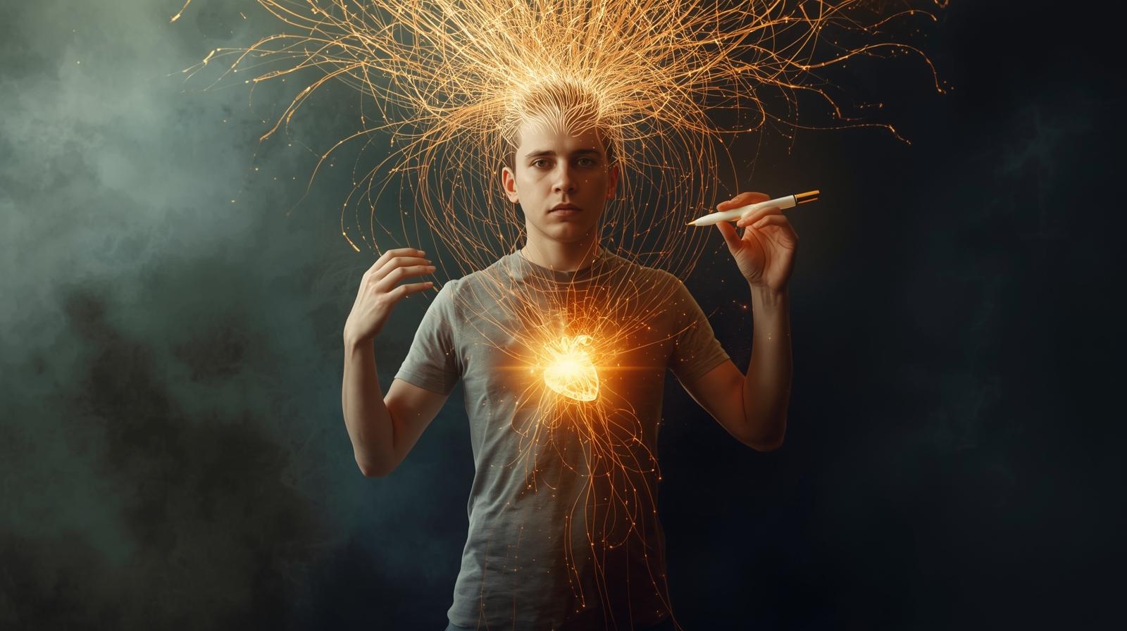 A symbolic image illustrating a person being controlled by glowing strings representing childhood assumptions connected to a shadowy past. The person is actively using a glowing tool to rewrite or cut these strings, transitioning into a brighter, unconstrained future, symbolizing reprogramming limiting beliefs. Keywords: childhood trauma, limiting beliefs, subconscious programming, neuroplasticity, personal development, self-sabotage, emotional healing, cognitive behavioral therapy, inner child work, mental freedom, rewrite your story, mindset shift.