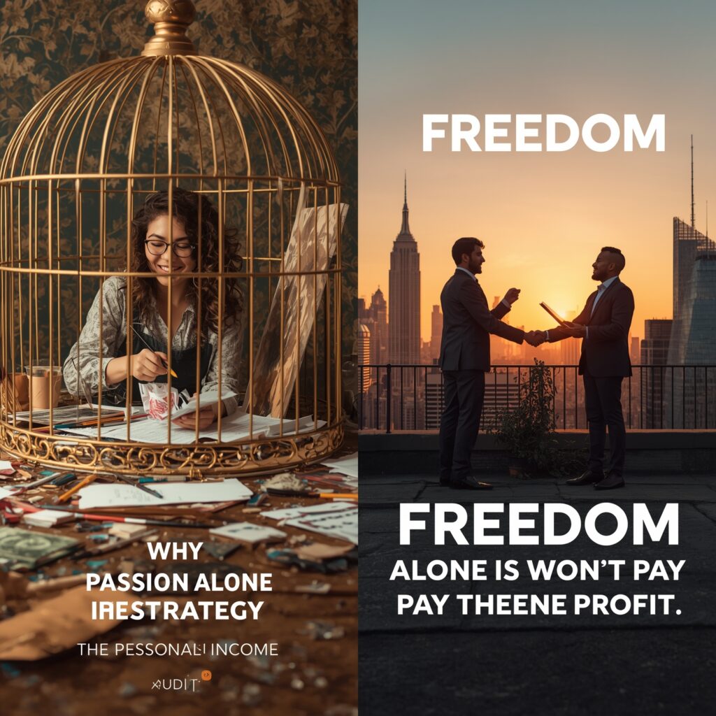 A split image illustrating the article's theme. The left side shows a woman passionately painting inside a beautiful, ornate "golden cage" with papers and art supplies scattered around, symbolizing passion without market strategy. The right side shows two diverse businessmen shaking hands on a rooftop overlooking a city skyline at sunset, with one holding a laptop showing data, symbolizing strategic business and financial freedom. Bold white text at the bottom reads "THE GOLDEN CAGE" with a subtitle "WHY PASSION ALONE WON'T PAY THE BILLS." Text "FREEDOM ↑" is prominently displayed on the right side. Keywords: monetize passion, smart income, passion business, entrepreneurship, market audit, business strategy, skill development, profit generation, passion vs profit, financial freedom, startup advice, making money from hobbies, business models, personal branding.