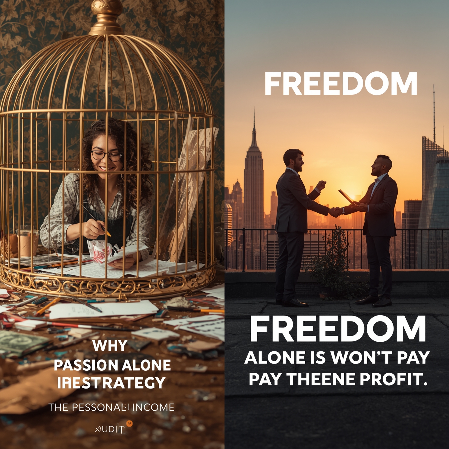 A split image illustrating the article's theme. The left side shows a woman passionately painting inside a beautiful, ornate "golden cage" with papers and art supplies scattered around, symbolizing passion without market strategy. The right side shows two diverse businessmen shaking hands on a rooftop overlooking a city skyline at sunset, with one holding a laptop showing data, symbolizing strategic business and financial freedom. Bold white text at the bottom reads "THE GOLDEN CAGE" with a subtitle "WHY PASSION ALONE WON'T PAY THE BILLS." Text "FREEDOM ↑" is prominently displayed on the right side. Keywords: monetize passion, smart income, passion business, entrepreneurship, market audit, business strategy, skill development, profit generation, passion vs profit, financial freedom, startup advice, making money from hobbies, business models, personal branding.