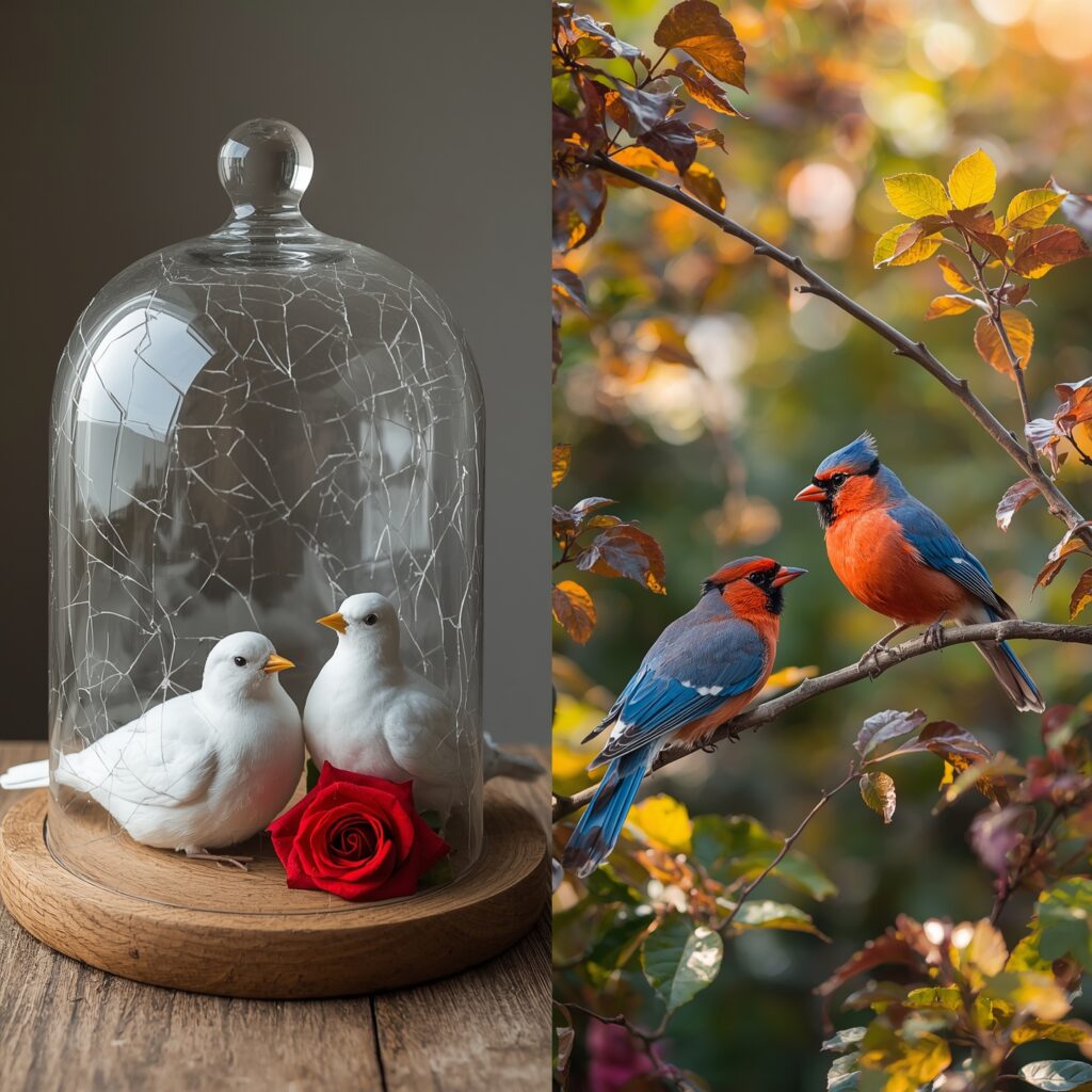 A split image contrasting two ideas of romantic harmony. On the left, two white ceramic doves are under a glass cloche with visible cracks, next to a wilting rose, symbolizing fragile or superficial peace. On the right, a vibrant red cardinal and a blue jay sit on a winding branch, looking at each other amidst lush, colorful foliage with warm sunlight, symbolizing dynamic, natural connection. Text overlays pose questions: "IS ALL ROMANTIC HARMONY HEALTHY?" "UNARFECT PEACE?" "TRUE CONNECTION?" "HIDDEN CRACKS?" "DYNAMIC GROWTH?" Keywords: romantic harmony, healthy relationships, unhealthy relationships, relationship dynamics, conflict in relationships, psychological traps, communication in relationships, relationship growth, love, codependency, emotional suppression, individuality in relationships, dating advice, marriage advice, relationship health.