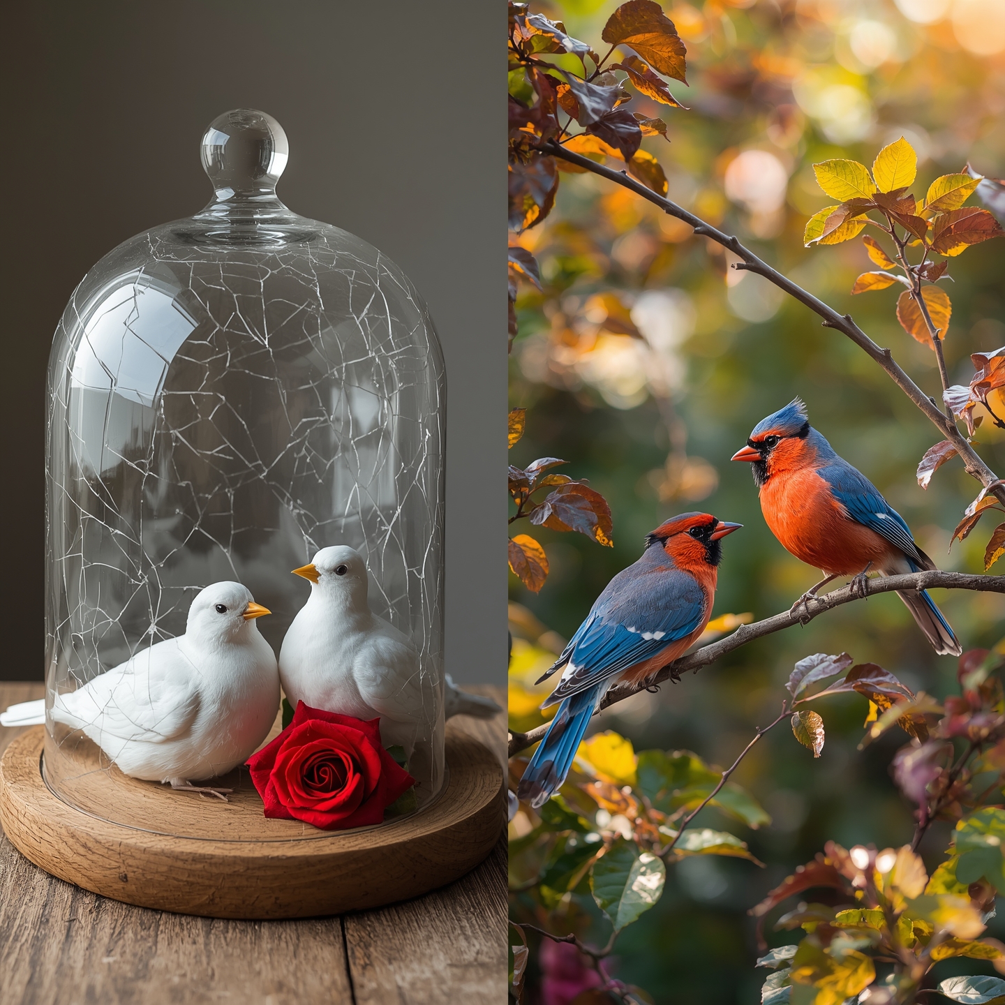 A split image contrasting two ideas of romantic harmony. On the left, two white ceramic doves are under a glass cloche with visible cracks, next to a wilting rose, symbolizing fragile or superficial peace. On the right, a vibrant red cardinal and a blue jay sit on a winding branch, looking at each other amidst lush, colorful foliage with warm sunlight, symbolizing dynamic, natural connection. Text overlays pose questions: "IS ALL ROMANTIC HARMONY HEALTHY?" "UNARFECT PEACE?" "TRUE CONNECTION?" "HIDDEN CRACKS?" "DYNAMIC GROWTH?" Keywords: romantic harmony, healthy relationships, unhealthy relationships, relationship dynamics, conflict in relationships, psychological traps, communication in relationships, relationship growth, love, codependency, emotional suppression, individuality in relationships, dating advice, marriage advice, relationship health.