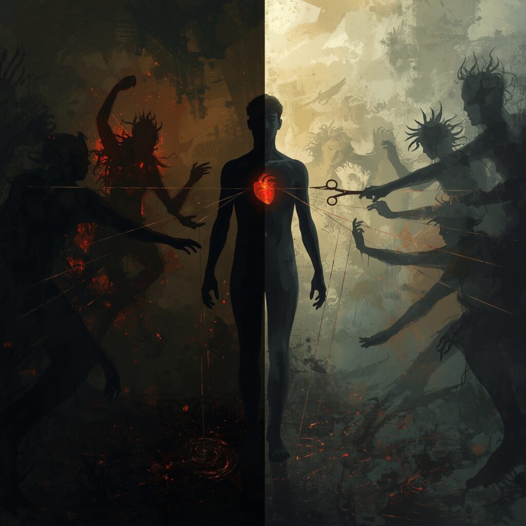 A symbolic image showing a person with glowing strings attached to their body, representing emotions, being controlled by shadowy figures. On the right, the person is actively cutting a string with glowing scissors, transitioning from a dark, chaotic background to a bright, serene one, symbolizing cutting emotional ties. Keywords: emotional regulation, self-control, amygdala hijack, neuroplasticity, mindfulness, personal development, emotional intelligence, stress management, reactive vs proactive, conscious choice, emotional freedom, cognitive behavioral therapy.
