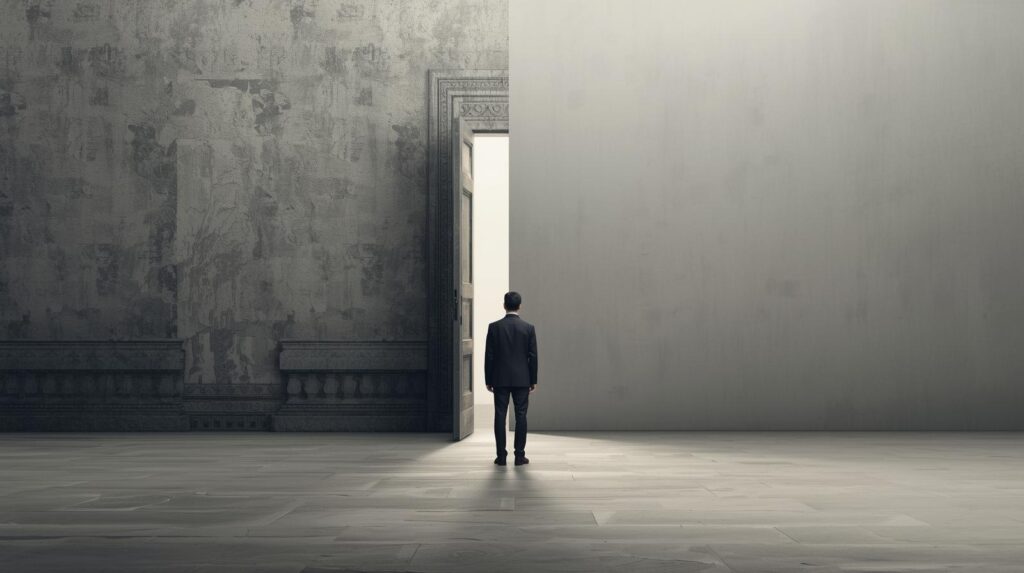A conceptual image depicting a person standing in a silent void between a grand, old wall and a new, fractured wall with a sliver of light. Keywords • battle of silence • new vision • old context • cognitive dissonance • organizational change • leadership • innovation • personal growth • fear of change • comfort zone • breaking inertia