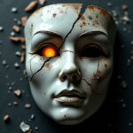 Ornate porcelain mask cracking to reveal a genuine, focused human eye, symbolizing breaking self-deception to find truth. Self-Honesty, Authentic Faith, Self-Deception, Spiritual Growth, Inner Truth, Existentialism.