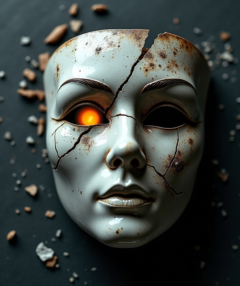 Ornate porcelain mask cracking to reveal a genuine, focused human eye, symbolizing breaking self-deception to find truth. Self-Honesty, Authentic Faith, Self-Deception, Spiritual Growth, Inner Truth, Existentialism.