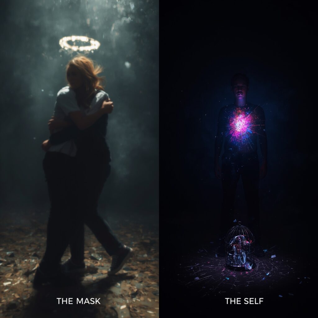 A two-part image visually representing the journey from codependency to selfhood. On the left, a blurry figure with a fading face clings to another person, with a shattered glass cage at their feet. On the right, the same person is seen standing alone, with a clear face and a vibrant core of light in their chest, symbolizing a reclaimed identity. Keywords: codependency, codependent relationships, healing codependency, self-love, anxious attachment, emotional healing, personal growth, psychological health, healthy boundaries, toxic relationships, trauma recovery.
