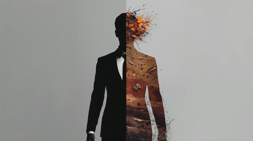A dual image of a person's silhouette, split between a polished corporate figure and a raw, authentic form, symbolizing the conflict in personal branding. Keywords • personal brand • corporate branding • professional identity • authenticity • Dunning-Kruger effect • professional growth • career development • influence • leadership • corporate culture • mindfulness