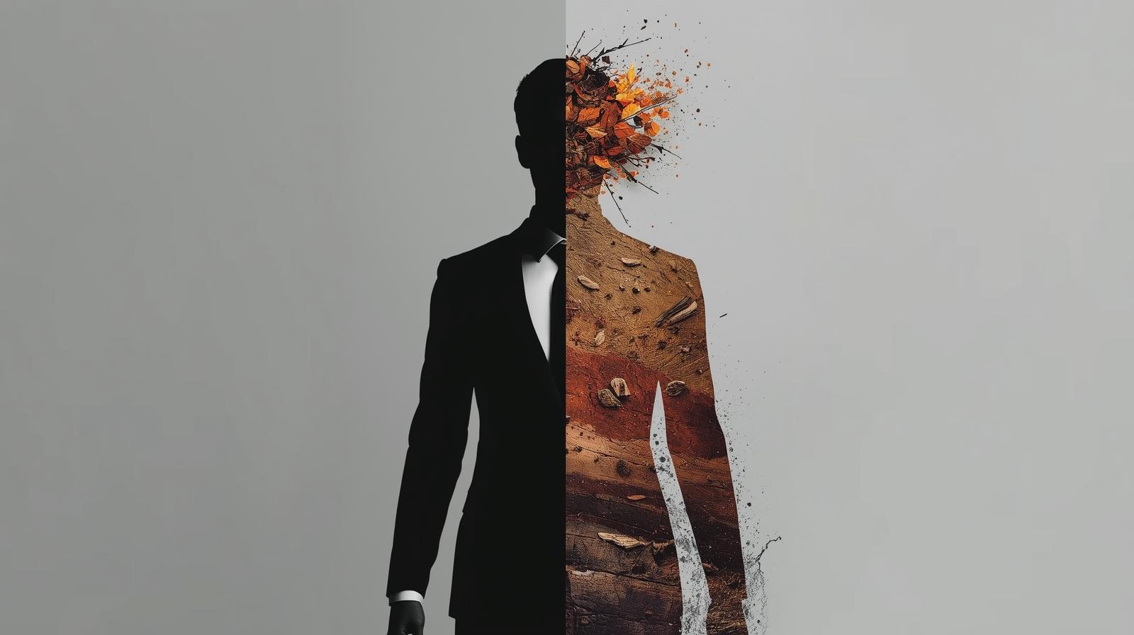 A dual image of a person's silhouette, split between a polished corporate figure and a raw, authentic form, symbolizing the conflict in personal branding. Keywords • personal brand • corporate branding • professional identity • authenticity • Dunning-Kruger effect • professional growth • career development • influence • leadership • corporate culture • mindfulness