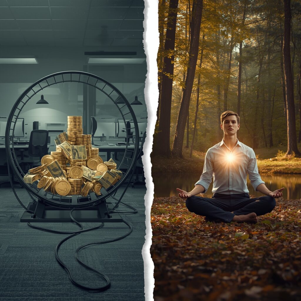 A symbolic image contrasting hustle culture with an inside-out approach. On the left, a person runs on a hamster wheel, appearing drained. On the right, the same person is shown calmly meditating, with a light radiating from their chest, surrounded by a peaceful environment. The image is split to show the transition from exhaustion to inner peace. Keywords: hustle culture, burnout, inside-out approach, work-life balance, emotional intelligence, authentic leadership, professional development, purpose-driven work, self-care, mindfulness, intrinsic motivation, career success.