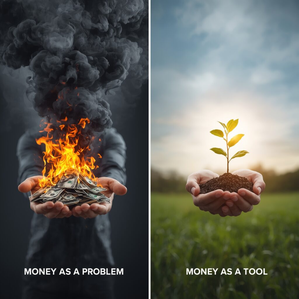 A two-part image visually representing a person's relationship with money. On the left, a blurry figure with a distressed face holds a burning pile of money, symbolizing a destructive, fear-based relationship. On the right, a clear-faced figure calmly holds a small seed from which a glowing tree of life is growing, symbolizing a positive, growth-oriented relationship with money. Keywords: money mindset, financial literacy, personal development, wealth psychology, abundance, scarcity, conscious spending, financial freedom, money as a tool, self-worth, financial health, entrepreneurship, budgeting.