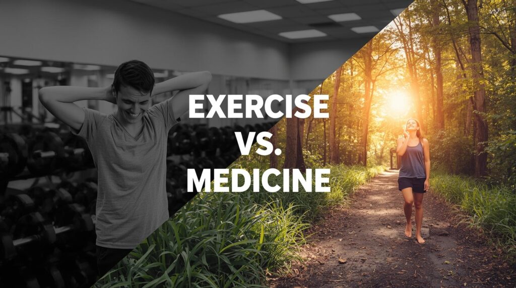 A two-part image visually representing the themes of the article. On the left, a stressed person works out in a sterile gym, symbolizing a punitive approach to "exercise." On the right, the same person looks peaceful and vital, walking in a natural, vibrant environment, symbolizing a holistic approach to "movement as medicine." Keywords: daily movement, exercise myth, movement as medicine, walking benefits, holistic health, neuroplasticity, fitness lifestyle, wellness, sedentary lifestyle, natural movement, health hacks, mental health.