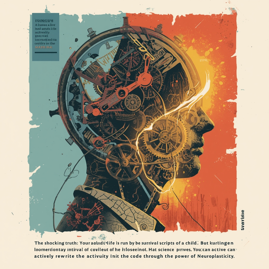 Stylized gears and clockwork cracking open as a new, glowing neural pathway (neuroplasticity) forms to reprogram childhood assumptions. Keyword Reprogram childhood assumptions