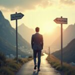 A person in a suit walking away from a sign pointing to a dark, cluttered city and stepping onto a sunlit path toward open mountains, symbolizing a brave career move. Strategic quitting, career move, job resignation, sunk cost fallacy, toxic job, professional courage, career change, work-life balance, when to quit.