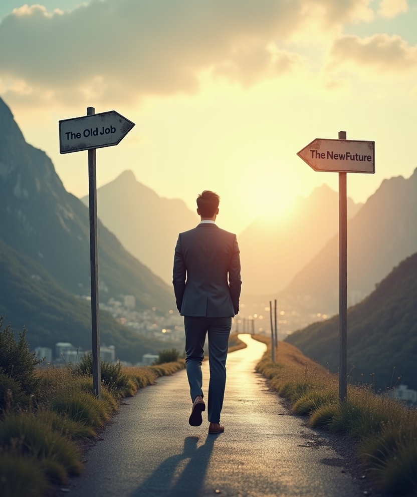 A person in a suit walking away from a sign pointing to a dark, cluttered city and stepping onto a sunlit path toward open mountains, symbolizing a brave career move. Strategic quitting, career move, job resignation, sunk cost fallacy, toxic job, professional courage, career change, work-life balance, when to quit.